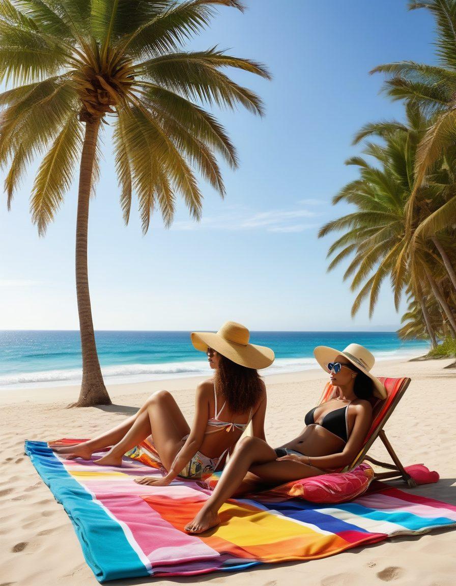 An elegant beach scene with a diverse group of fashionable women modeling stylish swimwear, showcasing a variety of designs and vibrant colors. Include accessories like sunglasses, wide-brimmed hats, and colorful beach towels. The background features a sunny sky with gentle waves, palm trees, and a chic lounge area. Capturing the essence of summer and confidence. super-realistic. vibrant colors. tropical vibe.